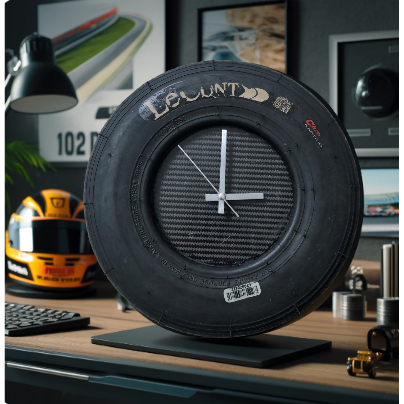 "Race Against Time: Go-Kart Tire Wall Clock"