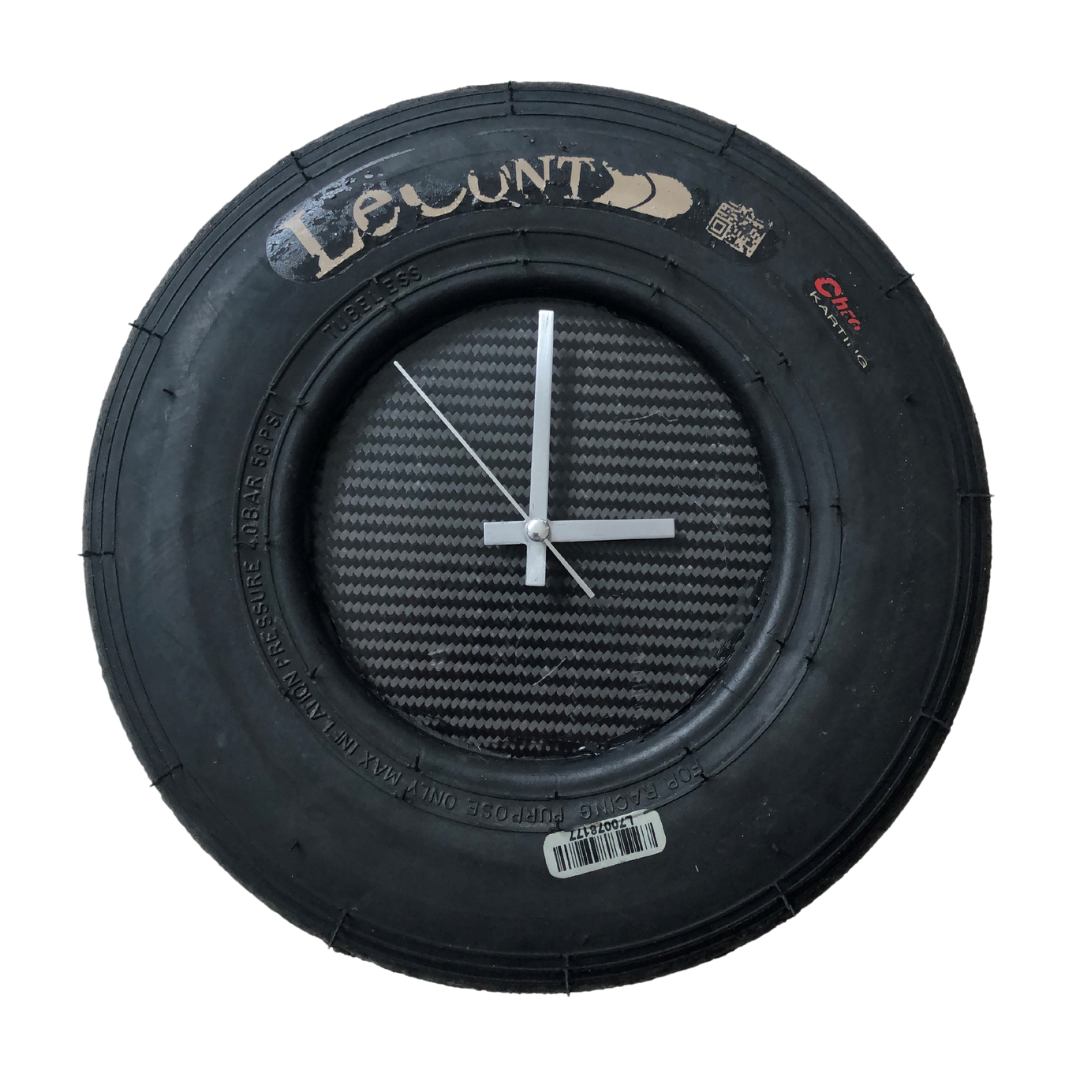 "Race Against Time: Go-Kart Tire Wall Clock"